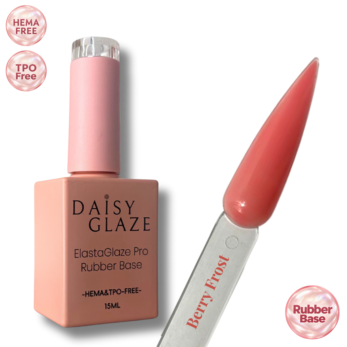 Berry Frost tinted rubber base by Daisy Glaze in warm coral pink, shown beside the bottle