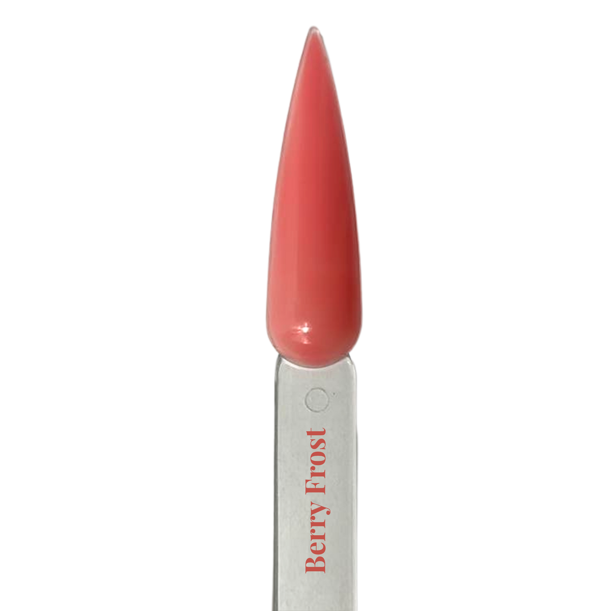 Berry Frost tinted rubber base nail swatch in warm coral pink