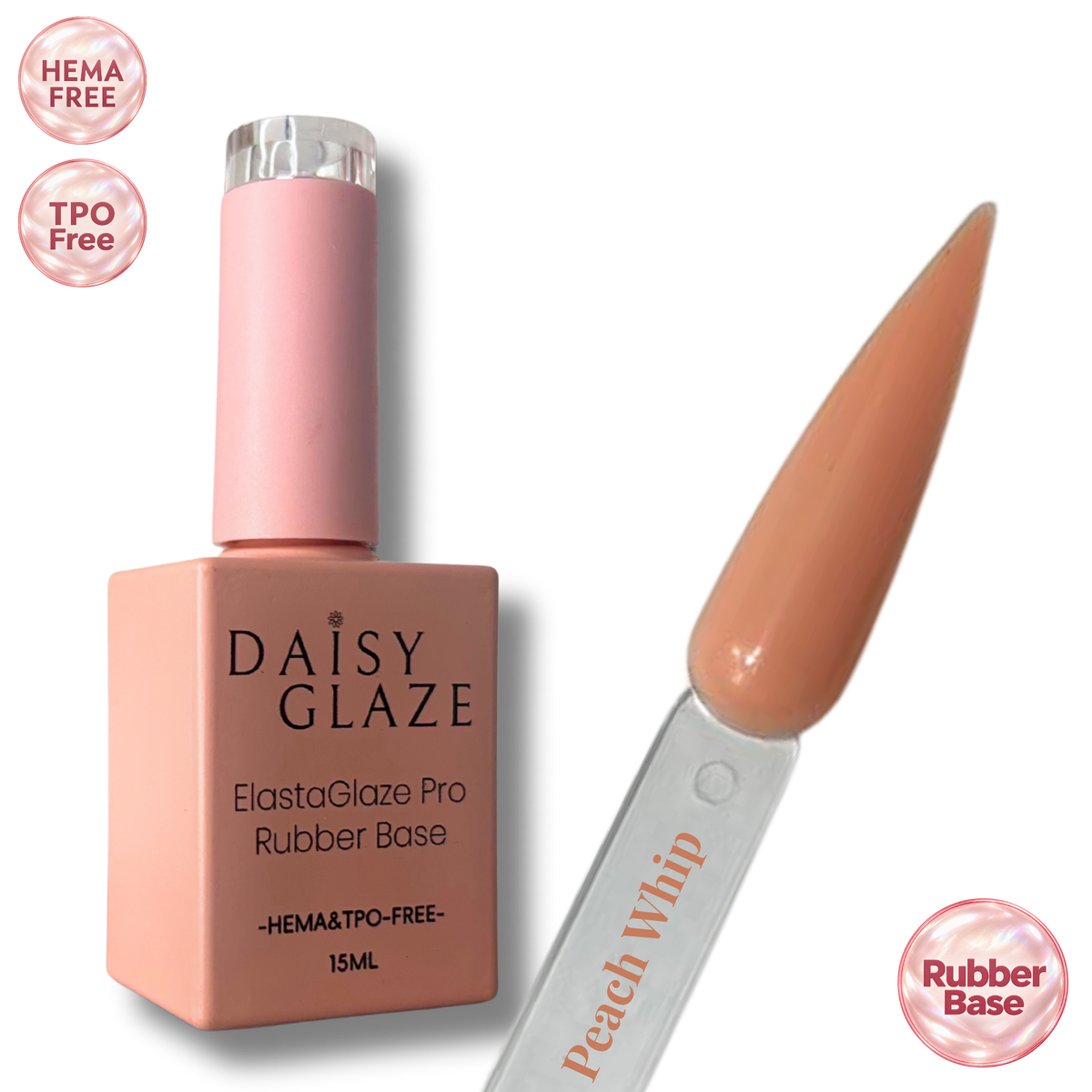Peach Whip tinted rubber base by Daisy Glaze in soft peach nude, shown beside the bottle