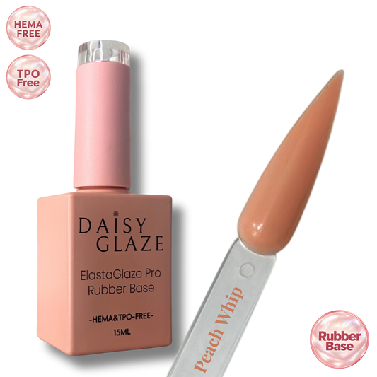 Peach Whip tinted rubber base by Daisy Glaze in soft peach nude, shown beside the bottle