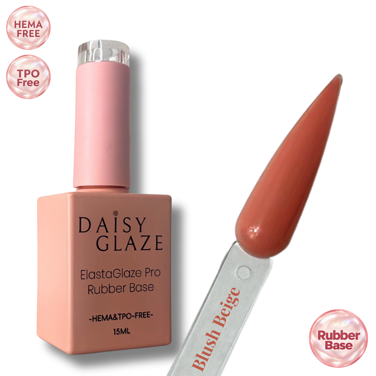 Blush Beige tinted rubber base by Daisy Glaze in warm beige nude, shown beside the bottle