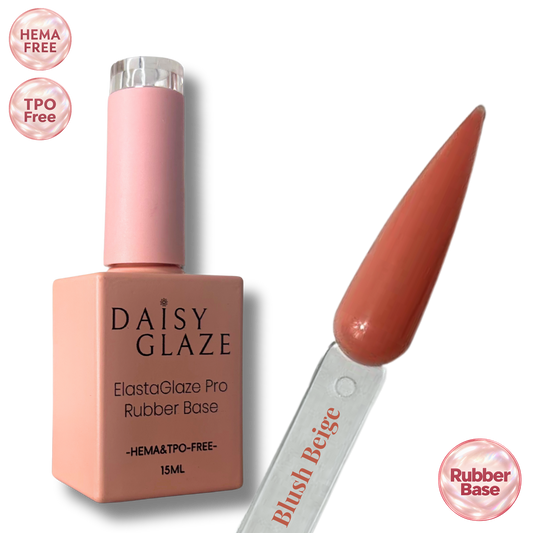 Blush Beige tinted rubber base by Daisy Glaze in warm beige nude, shown beside the bottle