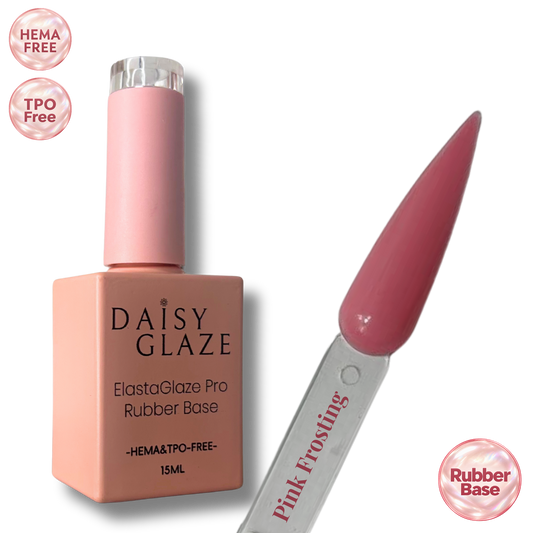 Pink Frosting tinted rubber base by Daisy Glaze in dusty rose pink, shown beside the bottle