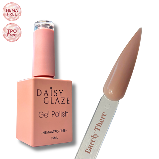 Barely There gel polish by Daisy Glaze in warm caramel nude, shown beside the bottle