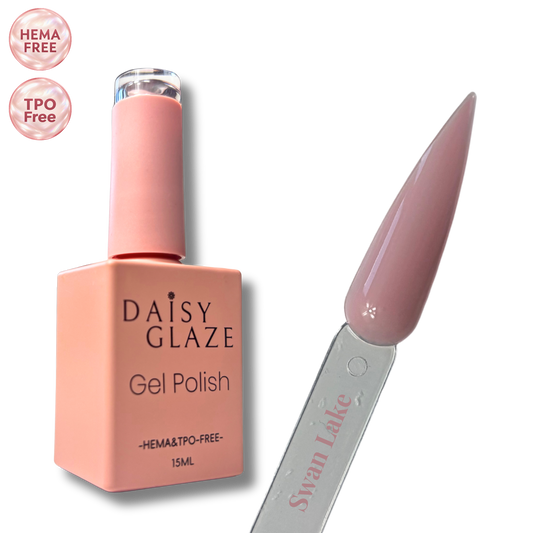 Swan Lake gel polish by Daisy Glaze in dusty mauve-taupe nude, shown beside the bottle