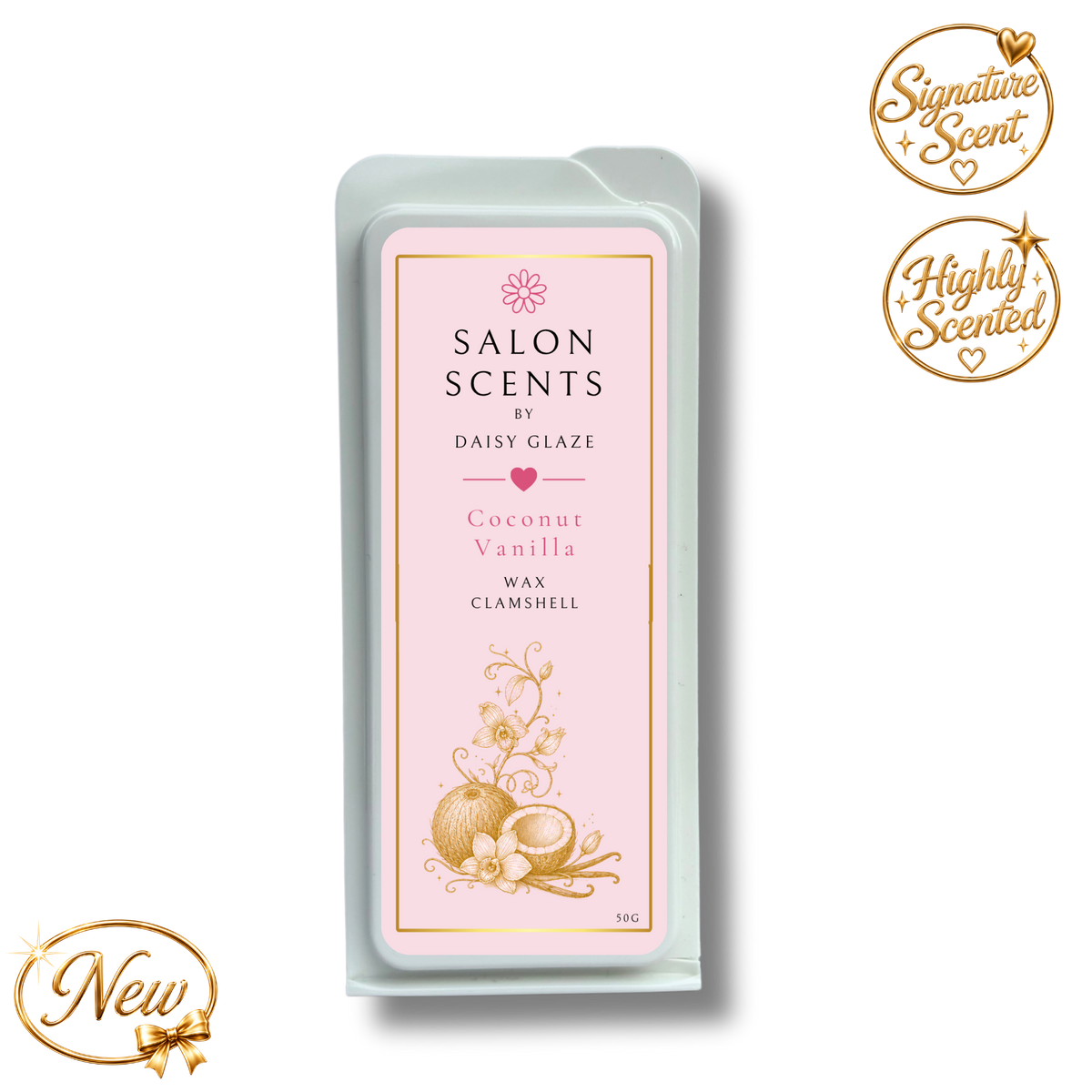 Coconut Vanilla wax melt clamshell from the Daisy Glaze Salon Scents range