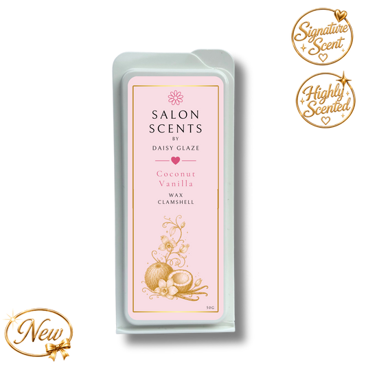 Coconut Vanilla wax melt clamshell from the Daisy Glaze Salon Scents range