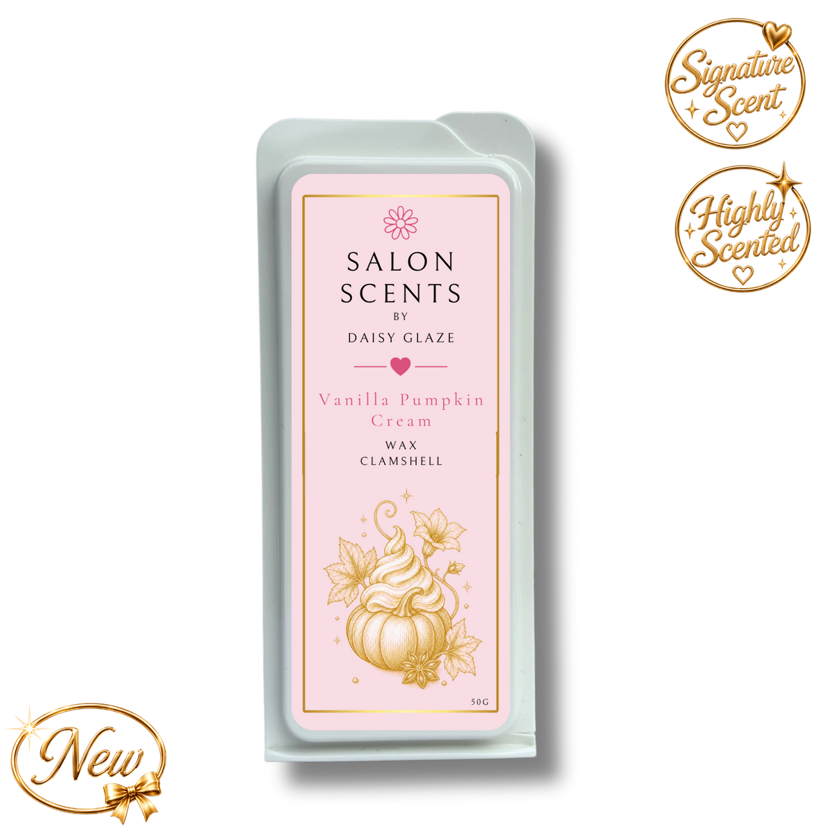 Vanilla Pumpkin Cream wax melt clamshell from the Daisy Glaze Salon Scents range