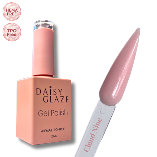 Cloud Nine gel polish by Daisy Glaze in milky pinky-beige nude, shown beside the bottle