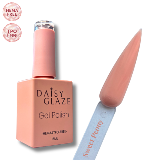 Sweet Peony gel polish by Daisy Glaze in pale peach-pink, shown beside the bottle