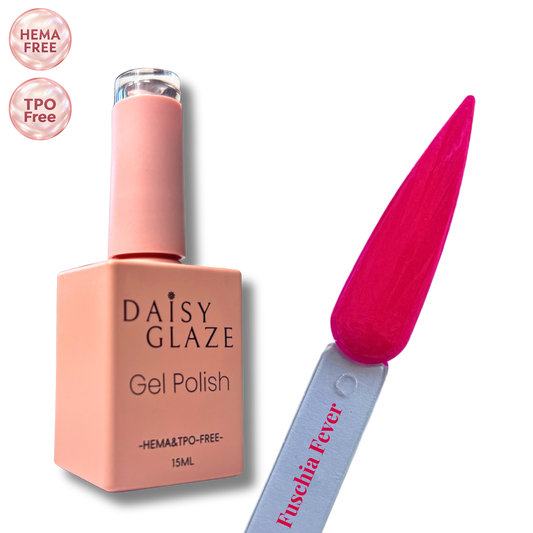 Fuschia Fever gel polish by Daisy Glaze in bold raspberry fuchsia, shown beside the bottle