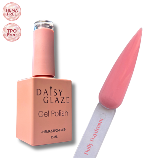 Dolly Daydream gel polish by Daisy Glaze in medium candy pink, shown beside the bottle