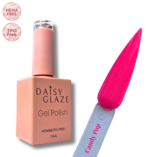 Candy Pop gel polish by Daisy Glaze in vivid hot pink, shown beside the bottle