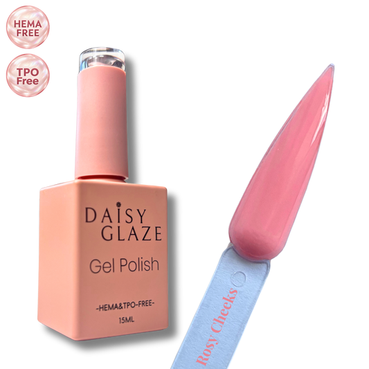 Rosy Cheeks gel polish by Daisy Glaze in bright bubblegum pink, shown beside the bottle