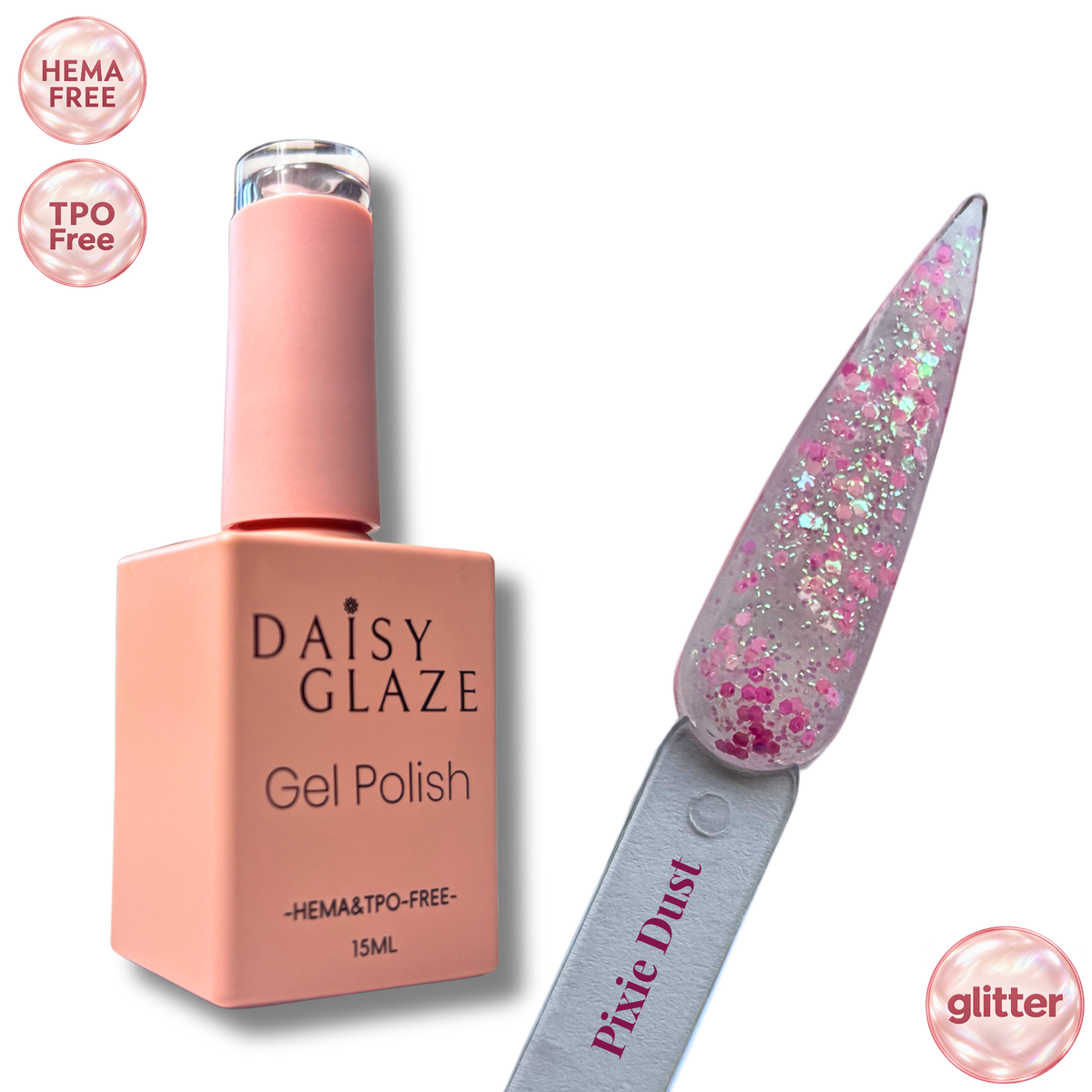 Pixie Dust gel polish by Daisy Glaze in sheer pink with multicoloured glitter, shown beside the bottle