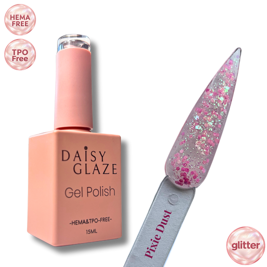 Pixie Dust gel polish by Daisy Glaze in sheer pink with multicoloured glitter, shown beside the bottle