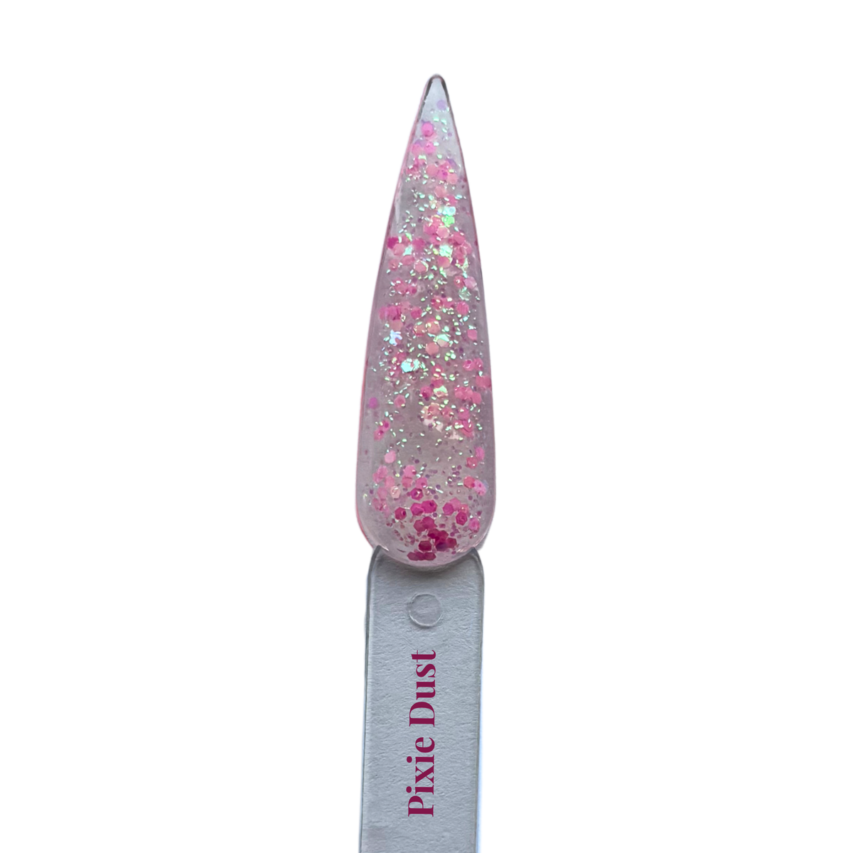 Pixie Dust gel polish nail swatch in sheer pink with multicoloured glitter