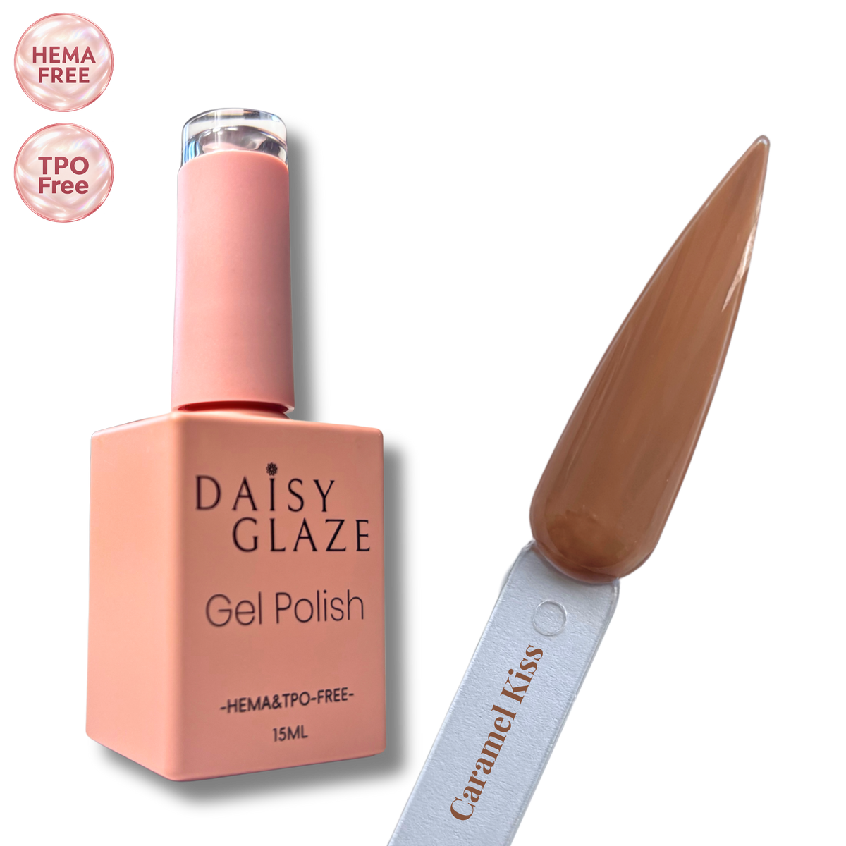 Caramel Kiss gel polish by Daisy Glaze in rich caramel brown, shown beside the bottle
