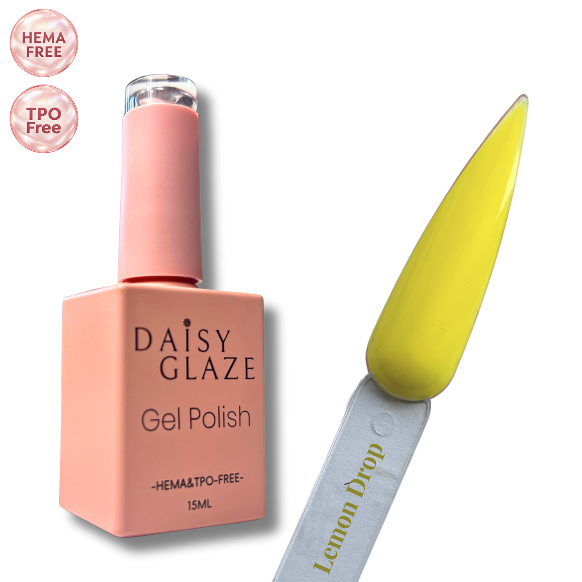 Lemon Drop gel polish by Daisy Glaze in bright lemon yellow, shown beside the bottle