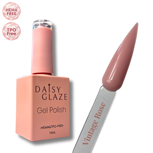 Vintage Rose gel polish by Daisy Glaze in dusty rose-brown, shown beside the bottle