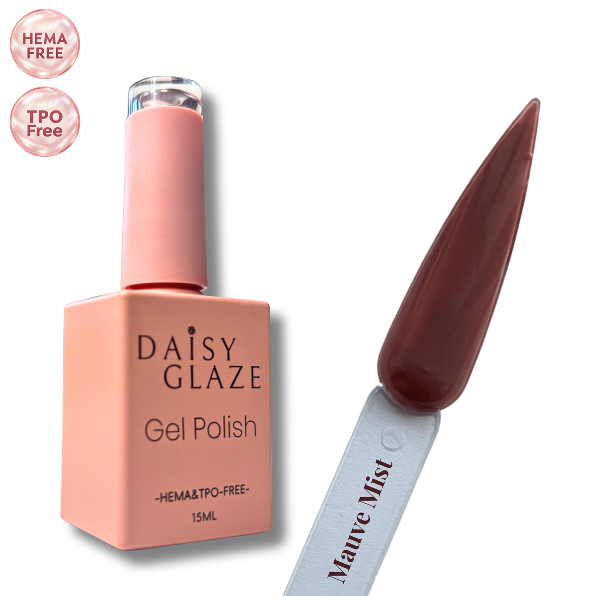 Mauve Mist gel polish by Daisy Glaze in deep plum brown, shown beside the bottle