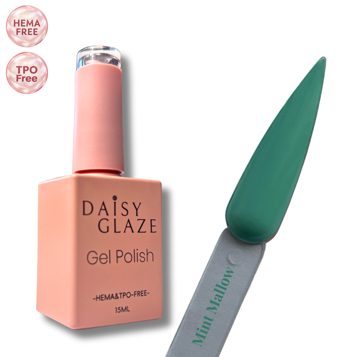 Mint Mallow gel polish by Daisy Glaze in deep emerald green, shown beside the bottle