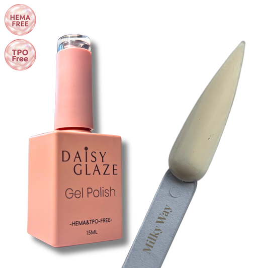 Milky Way gel polish by Daisy Glaze in soft milky grey-cream, shown beside the bottle