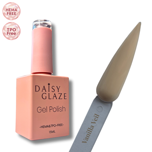 Vanilla Veil gel polish by Daisy Glaze in muted sage-khaki beige, shown beside the bottle