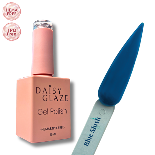Blue Slush gel polish by Daisy Glaze in deep denim blue, shown beside the bottle