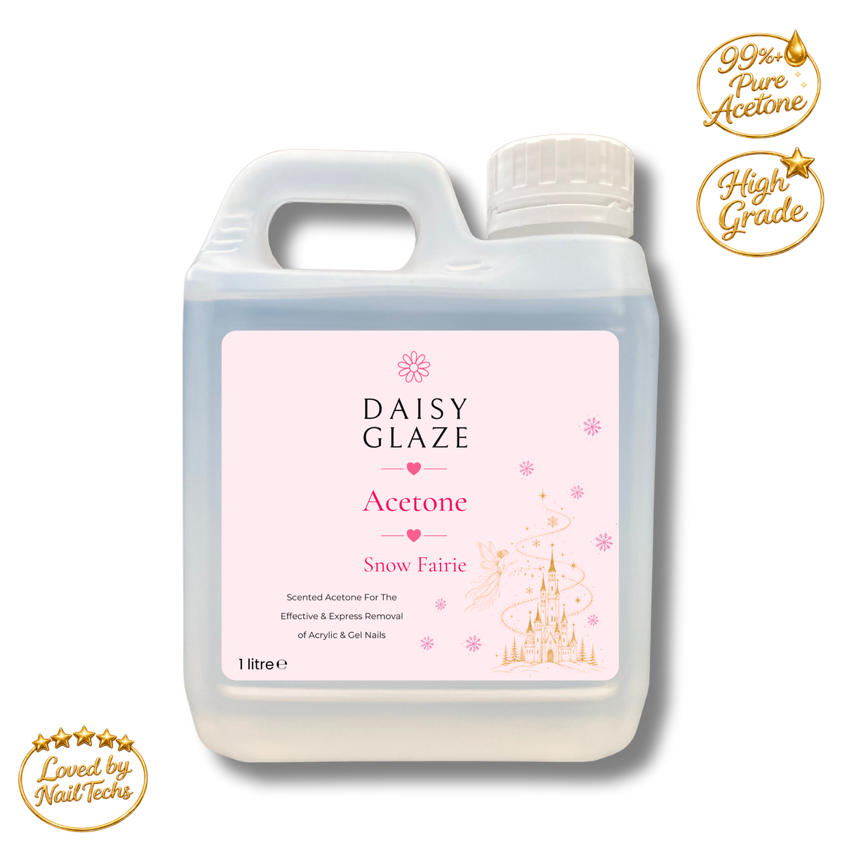 Snow Fairie scented acetone in a 1 litre Daisy Glaze bottle