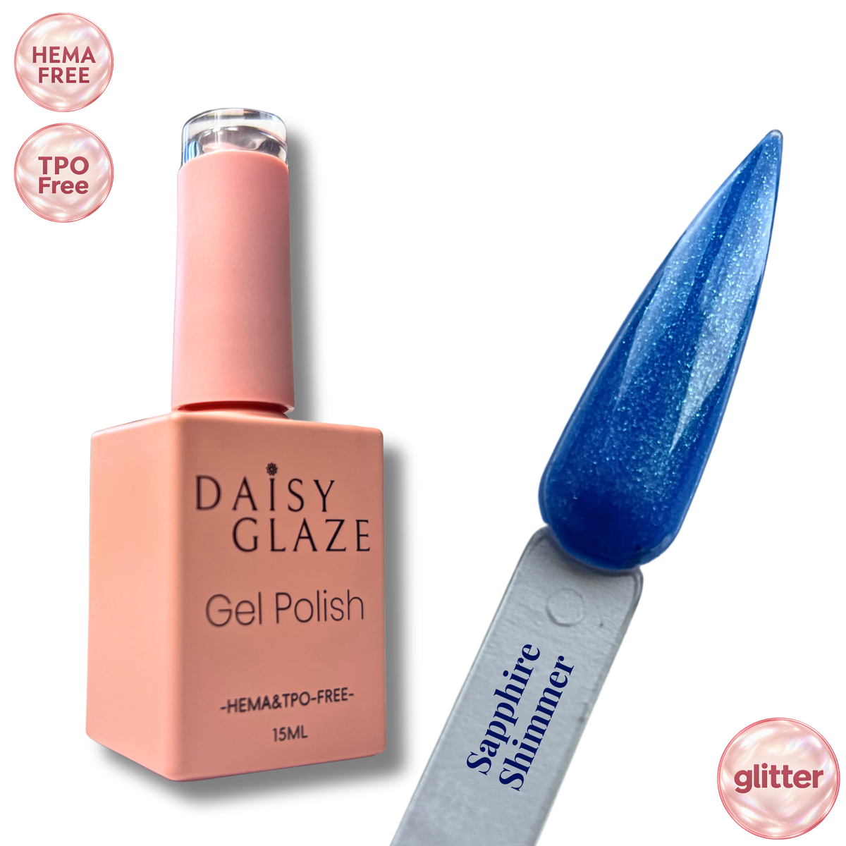 Sapphire Shimmer gel polish by Daisy Glaze in sapphire blue shimmer, shown beside the bottle
