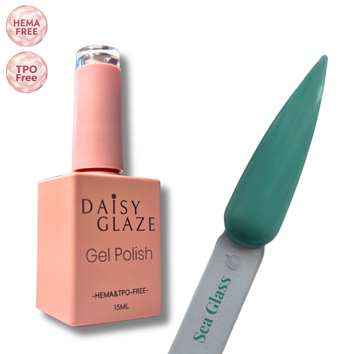 Sea Glass gel polish by Daisy Glaze in muted jade green, shown beside the bottle