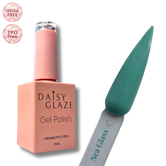 Sea Glass gel polish by Daisy Glaze in muted jade green, shown beside the bottle