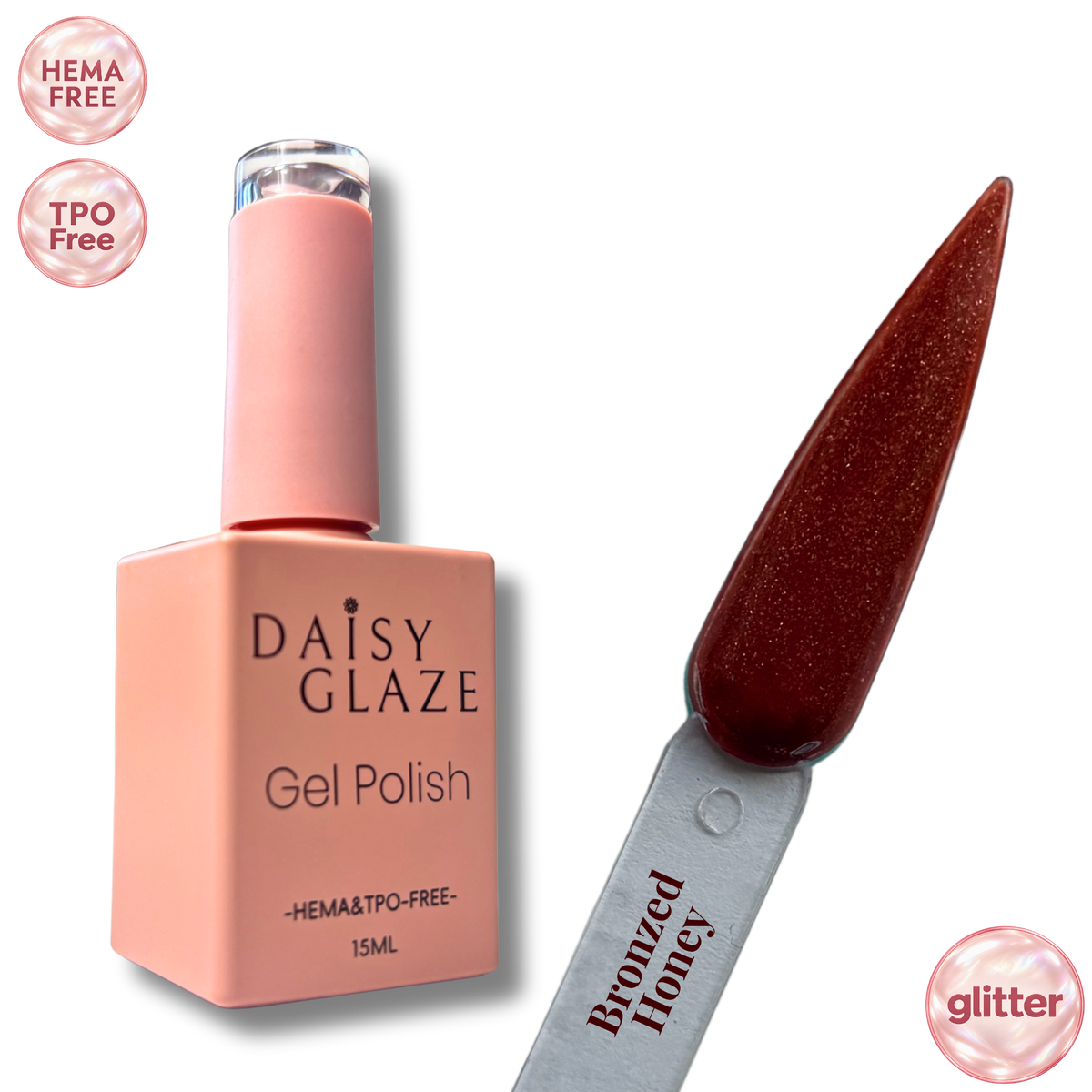 Bronzed Honey gel polish by Daisy Glaze in deep red-bronze shimmer, shown beside the bottle