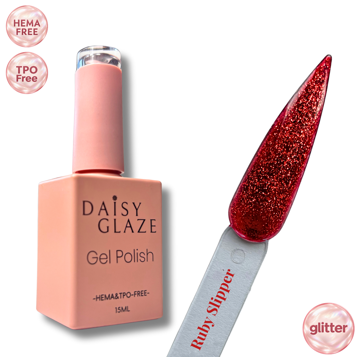 Ruby Slipper gel polish by Daisy Glaze in ruby red glitter, shown beside the bottle
