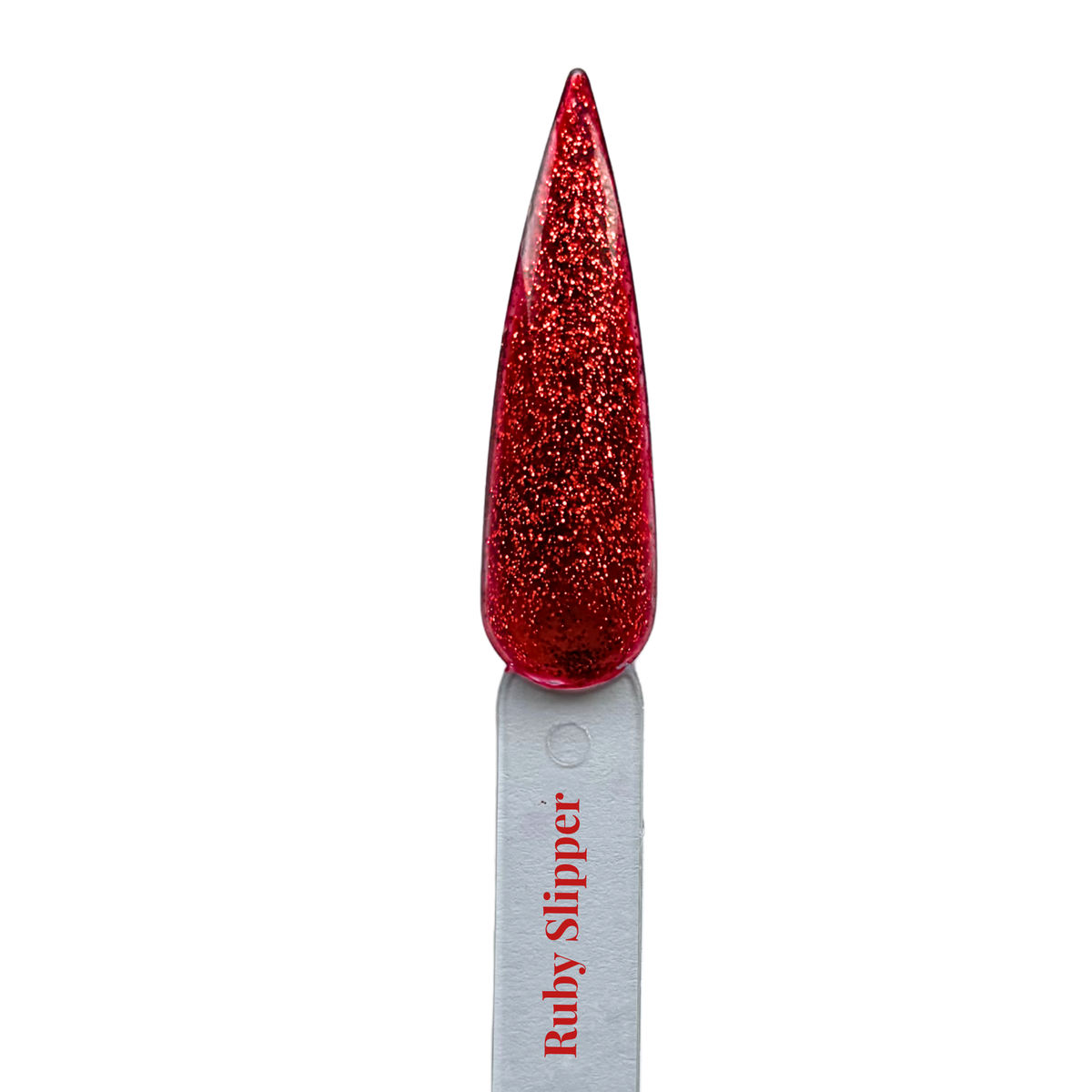 Ruby Slipper gel polish nail swatch in ruby red glitter