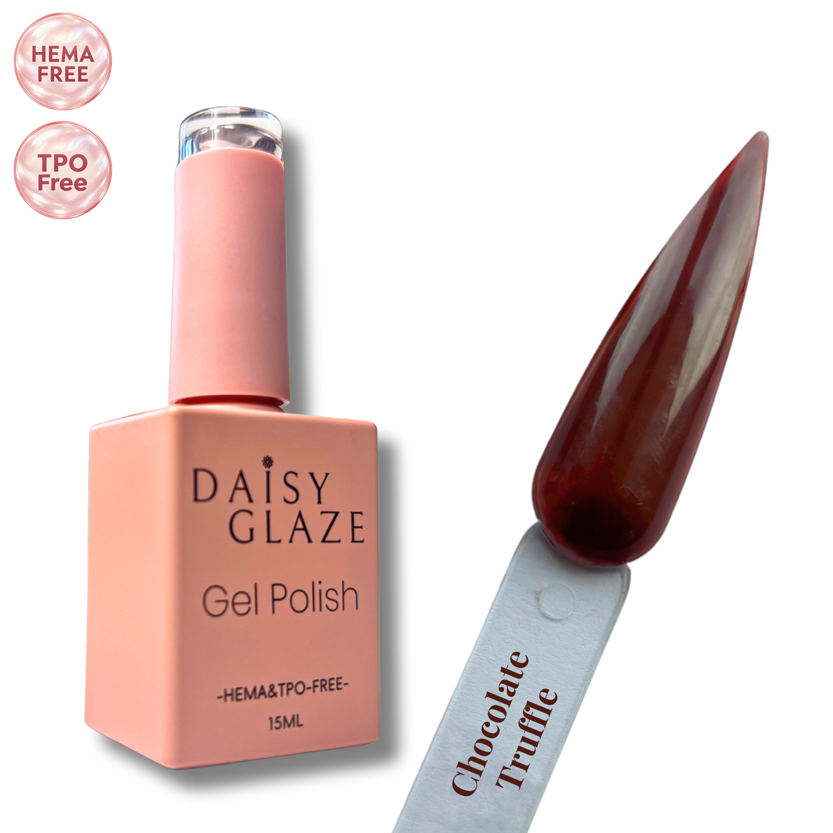 Mocha Muse gel polish by Daisy Glaze in rich chocolate-mocha brown, shown beside the bottle