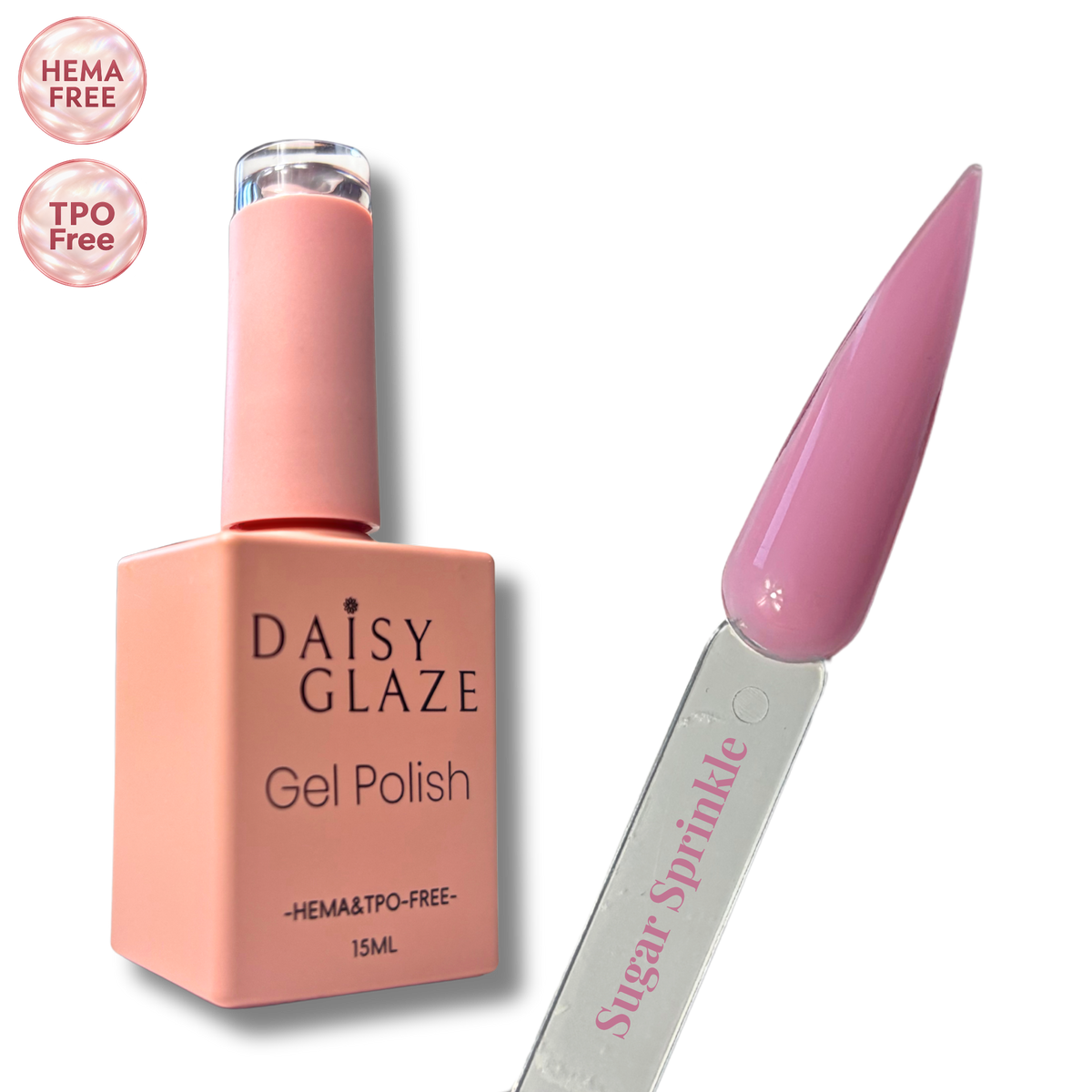 Sugar Sprinkle gel polish by Daisy Glaze in dusty mauve-pink, shown beside the bottle