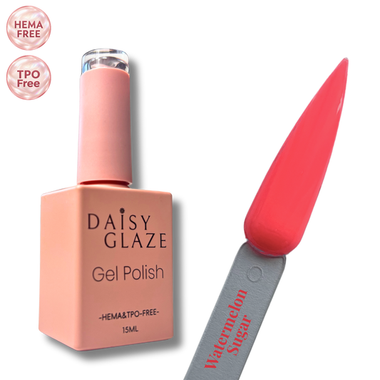 Watermelon Sugar gel polish by Daisy Glaze in juicy watermelon coral-red, shown beside the bottle