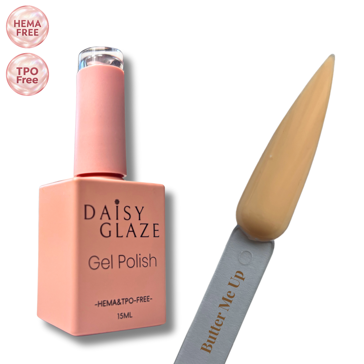 Butter Me Up gel polish by Daisy Glaze in warm butterscotch beige, shown beside the bottle