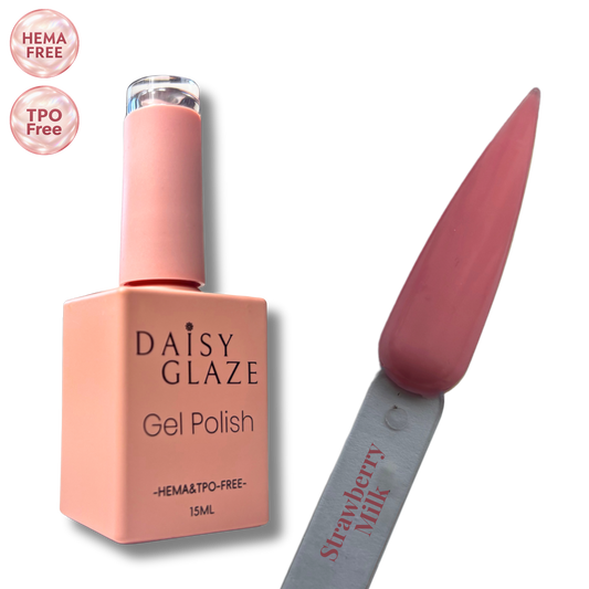 Strawberry Milk gel polish by Daisy Glaze in dusty strawberry rose, shown beside the bottle