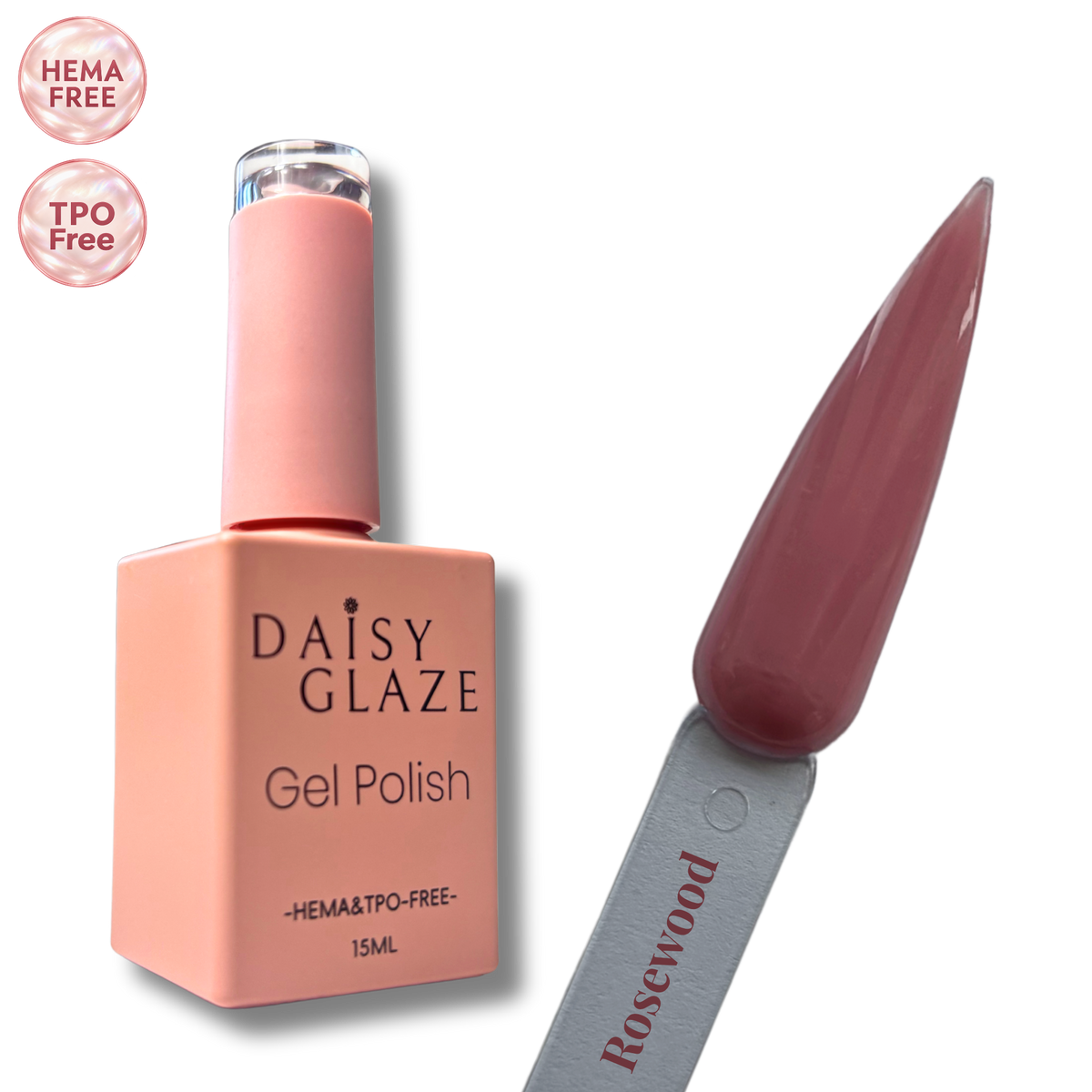 Rosewood gel polish by Daisy Glaze in muted rosewood mauve, shown beside the bottle