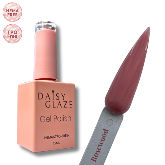 Rosewood gel polish by Daisy Glaze in muted rosewood mauve, shown beside the bottle