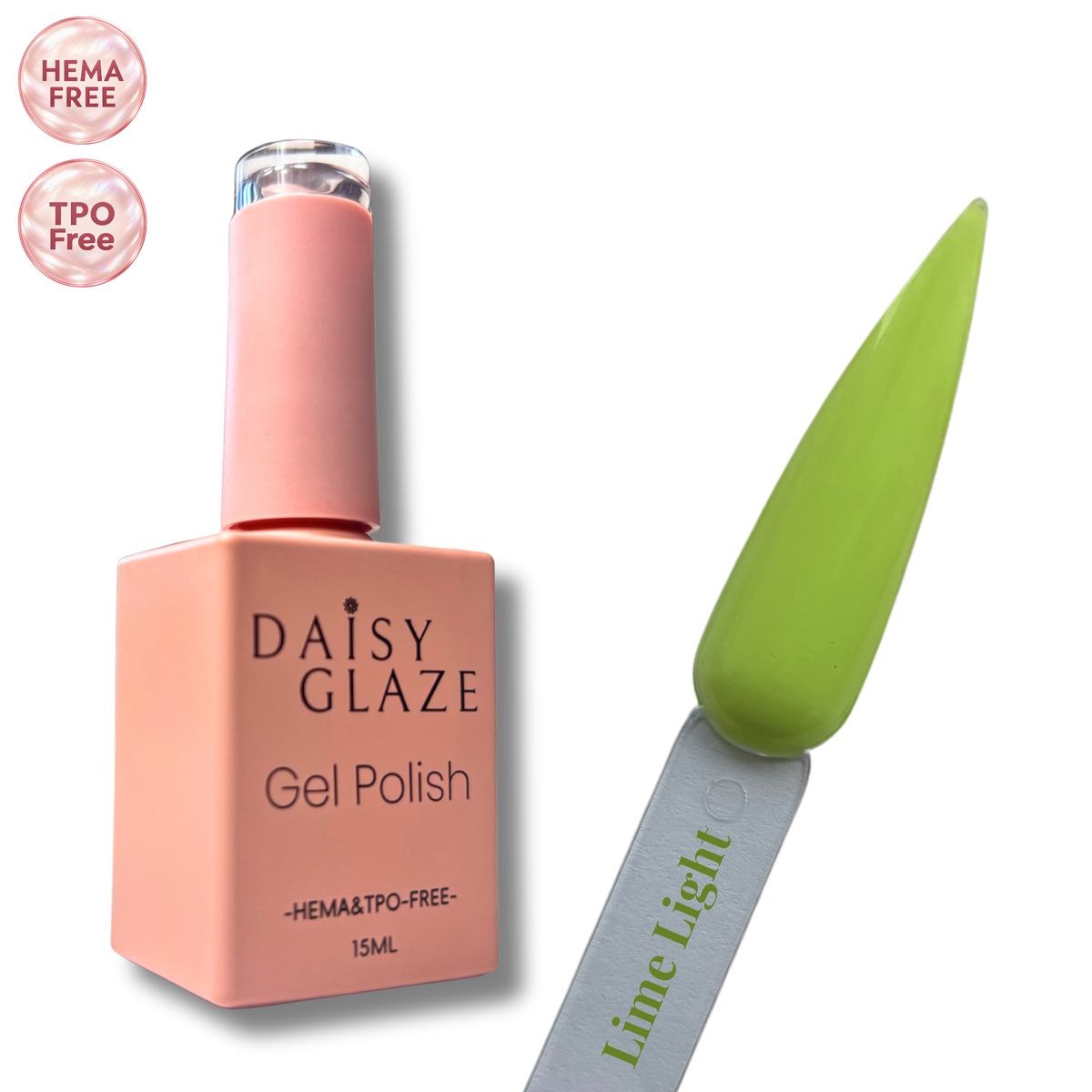 Lime Light gel polish by Daisy Glaze in zesty lime green, shown beside the bottle