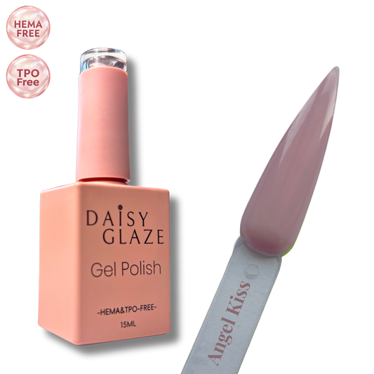 Angel Kiss gel polish by Daisy Glaze in dusty mauve-greige nude, shown beside the bottle