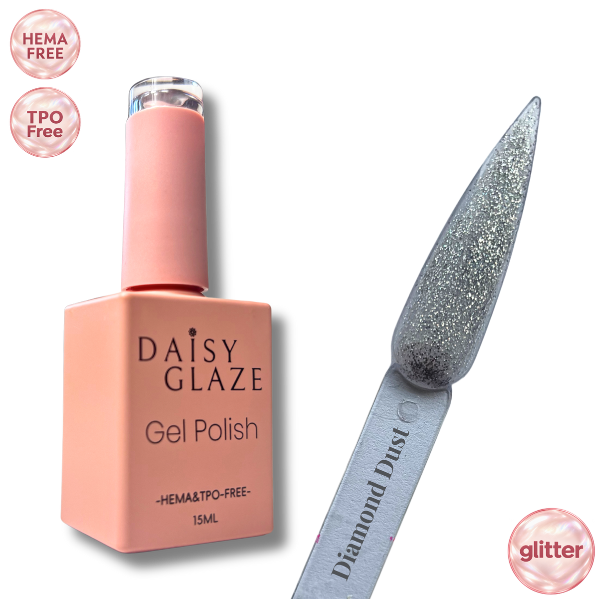 Diamond Dust gel polish by Daisy Glaze in sparkling silver glitter, shown beside the bottle