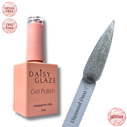 Diamond Dust gel polish by Daisy Glaze in sparkling silver glitter, shown beside the bottle