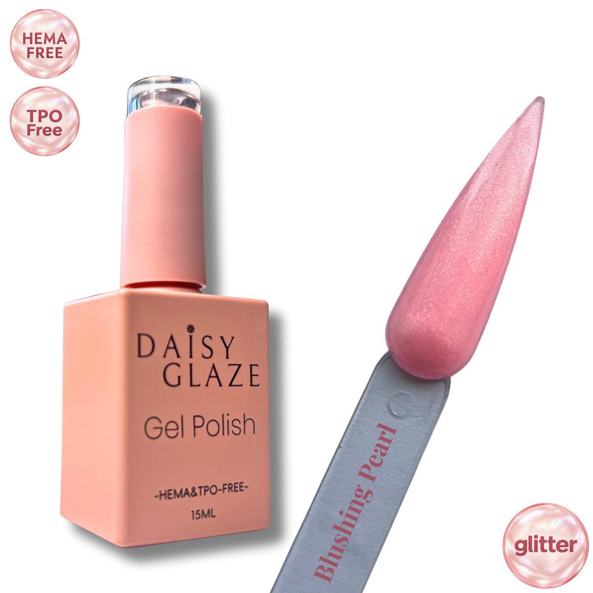 Blushing Pearl gel polish by Daisy Glaze in soft pink shimmer, shown beside the bottle