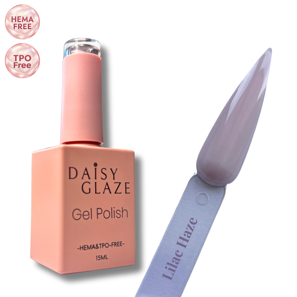 Lilac Haze gel polish by Daisy Glaze in soft lilac-grey, shown beside the bottle