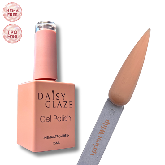 Apricot Whip gel polish by Daisy Glaze in warm apricot peach, shown beside the bottle